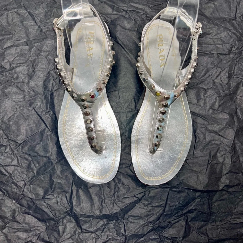 Prada silver metallic Calzature Donna capri studded T strap sandals - Picture 14 of 15